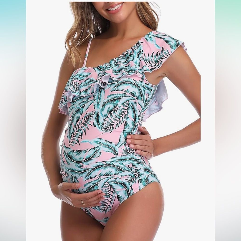 Maternity Pink Green Tropical Leaf One Shoulder Swimsuit Medium